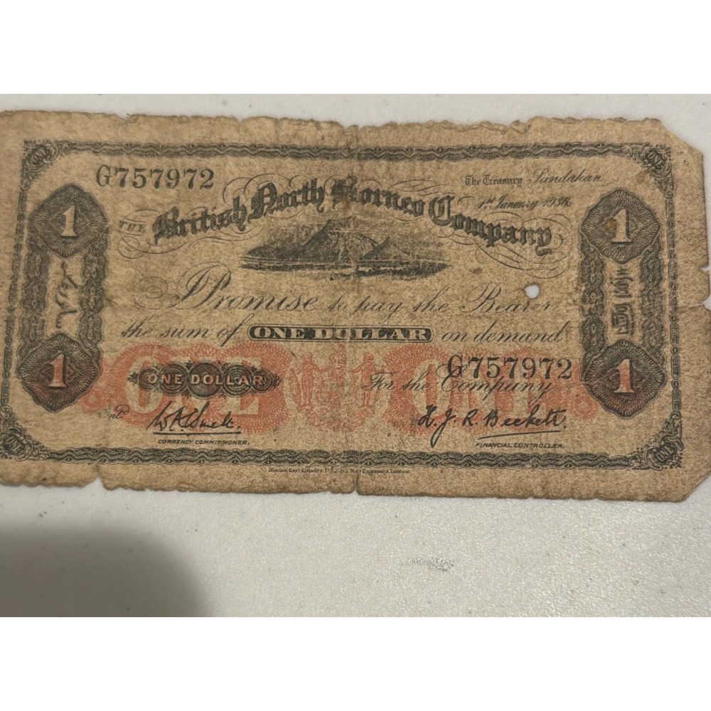 Rare 1936 British North Borneo Company One Dollar Banknote 1st Jan 1936 P-28